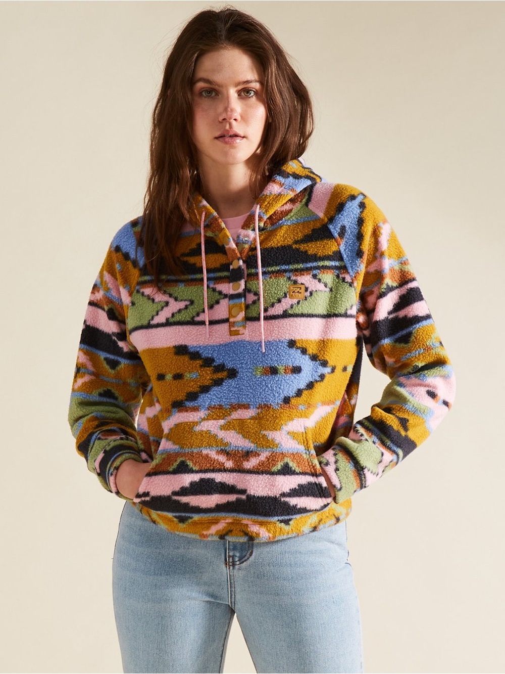 Billabong Adventure Division Aztec Fleece Hoodie Snap Neck Pullover Size M Multi